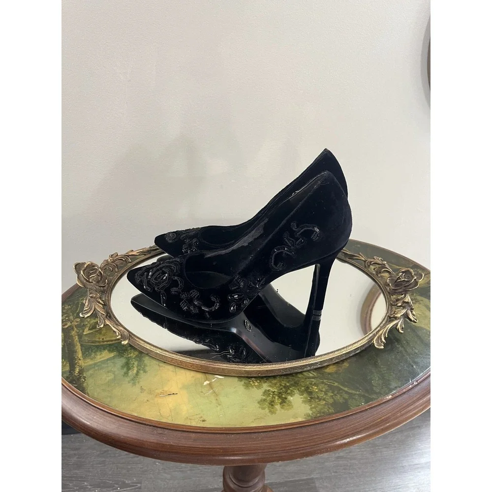Michael Kors Black Velvet Sequin Beaded Embroidered Pointed Toe Pumps Size 8